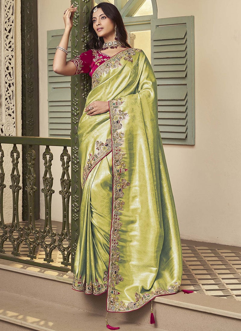 Radiant Pista Green Jacquard Silk Sequins Stones Hand Embroidered Thread Saree Wedding Wear