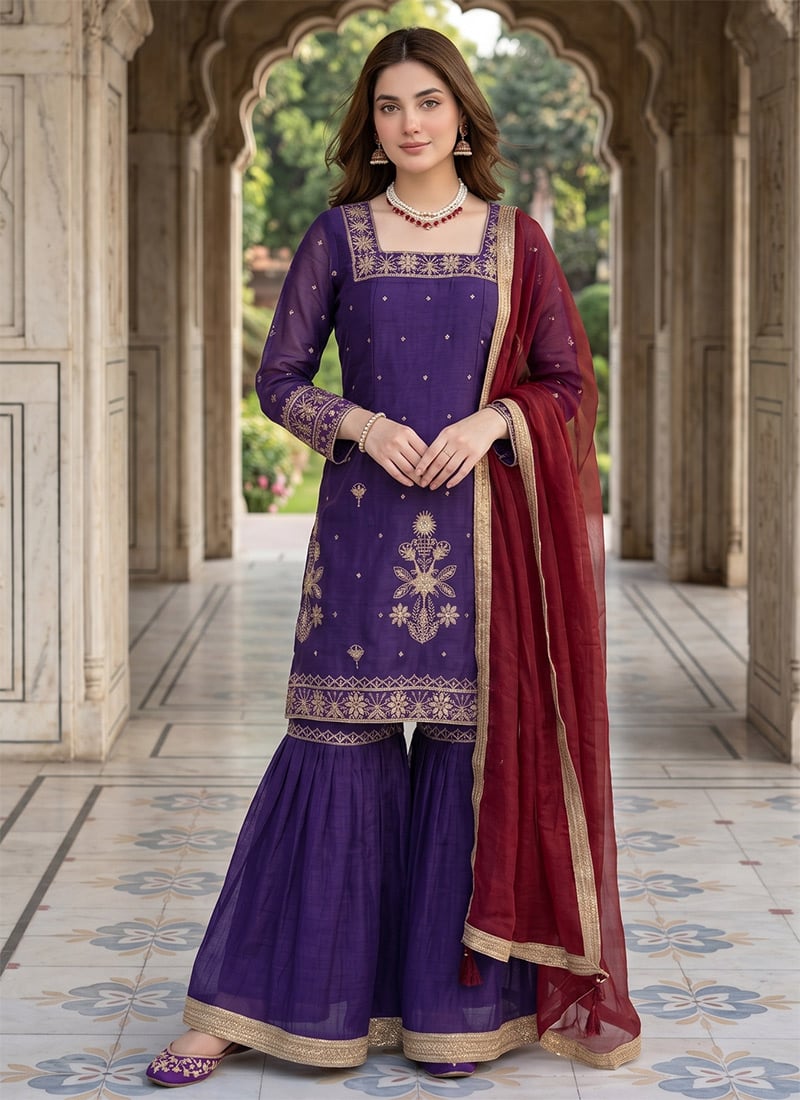 Radiant Purple Art Silk Sequins Embroidered Sharara Suit Festive Wear