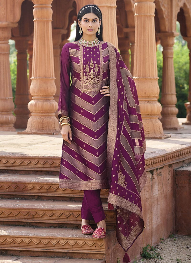 Radiant Purple Banglori Silk Jacquard Straight Pant Suit After Six Wear
