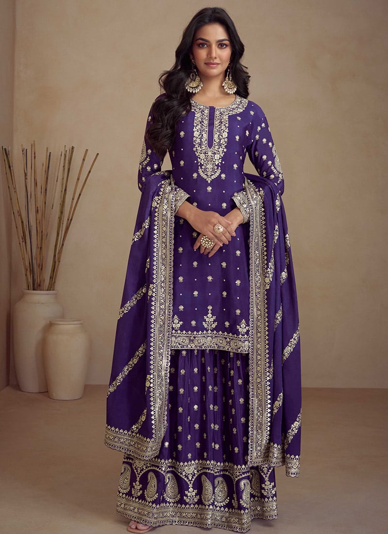 Radiant Purple Chinon Embroidered Sequins Palazzo Suit