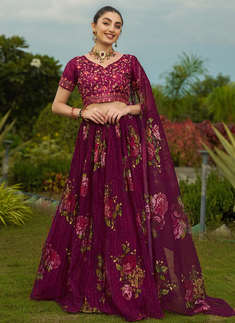 Radiant Purple Organza Digital Print Embroidered Lehenga For Special Occasions Wedding Wear
