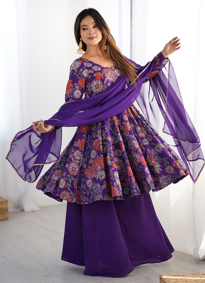 Radiant Purple Soft Roman Silk Chanderi Printed Palazzo Suit After Six Wear