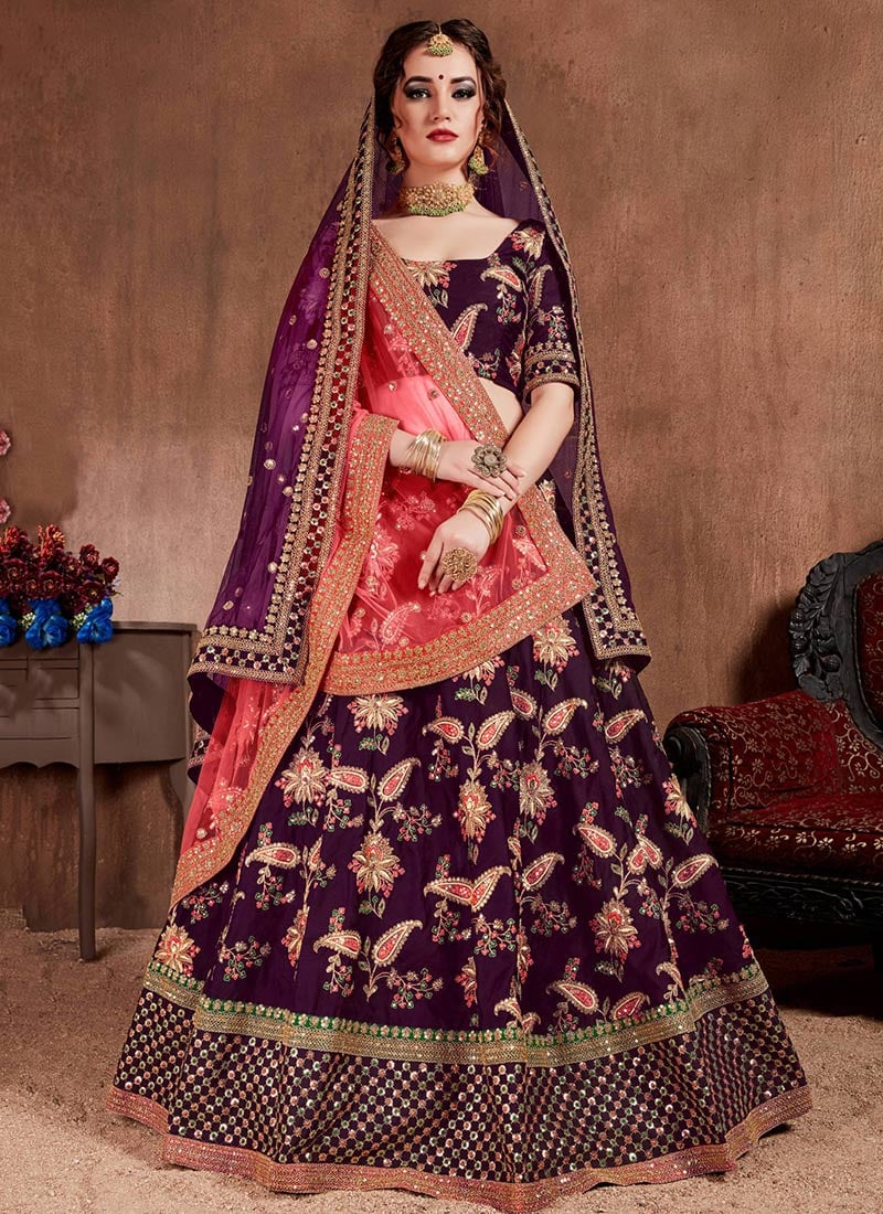 Radiant Purple Taffeta Lehenga With Embroidered Sequins Wedding Wear