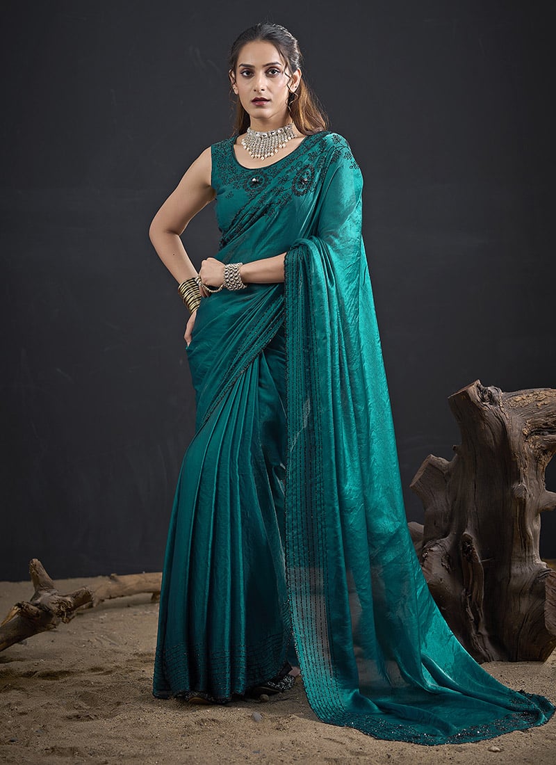 Radiant Rama Fandy Satin Silk Two Tone Sequins Tikki Work Saree After Six Wear