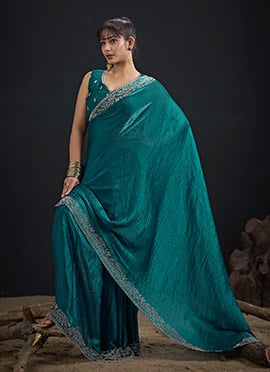 Radiant Rama Fandy Satin Silk Two Tone Tikki Work Hand Embroidery Saree