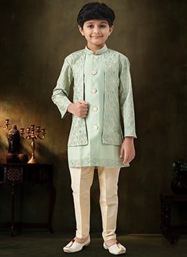 Radiant Rama Green Malai Silk Sequins Embroidered Kids Boys Indowestern Sherwani