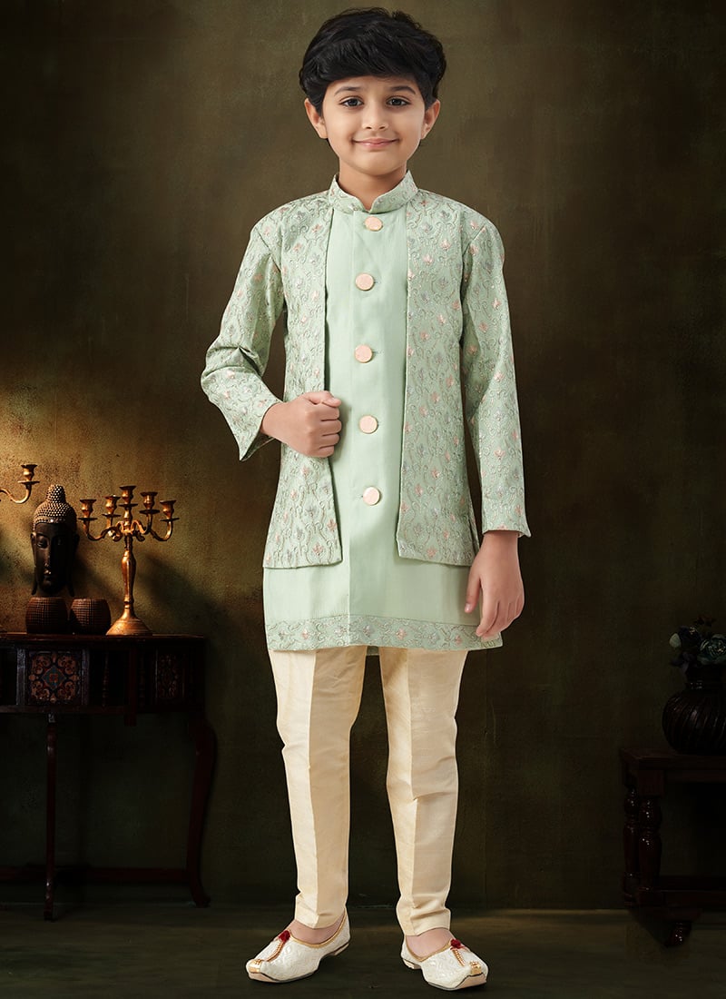 Radiant Rama Green Malai Silk Sequins Embroidered Kids Boys Indowestern Sherwani Wedding Wear