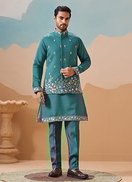 Radiant Rama Green Viscose Silk Embroidered Sequins Thread Bandi Set