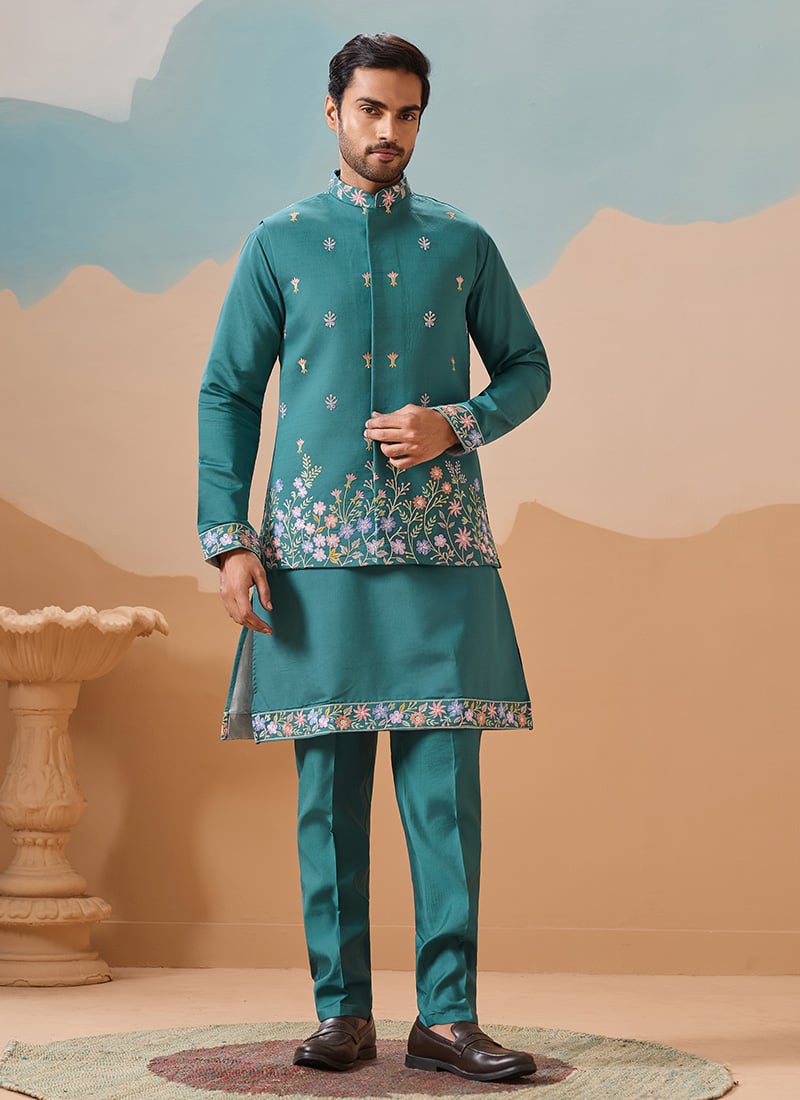 Radiant Rama Green Viscose Silk Embroidered Sequins Thread Bandi Set Wedding Wear