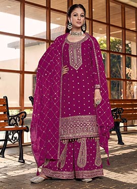 Radiant Rani Pink Chinnon Silk Designer Hand Embroidered Palazzo Suit