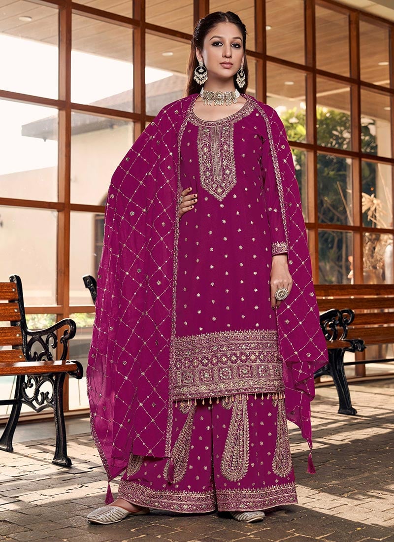 Radiant Rani Pink Chinnon Silk Designer Hand Embroidered Palazzo Suit After Six Wear
