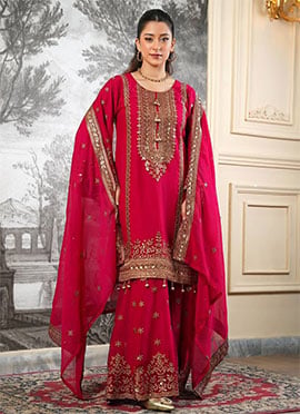 Radiant Rani Pink Fendy Silk Embroidered Sequins Sharara Suit