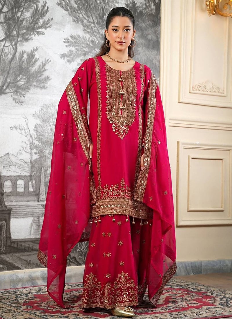 Radiant Rani Pink Fendy Silk Embroidered Sequins Sharara Suit Festive Wear