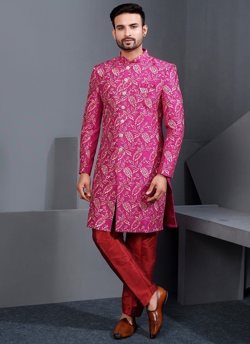 Radiant Rani Pink Silk Zari Embroidered Thread Indowestern Sherwani Wedding Wear