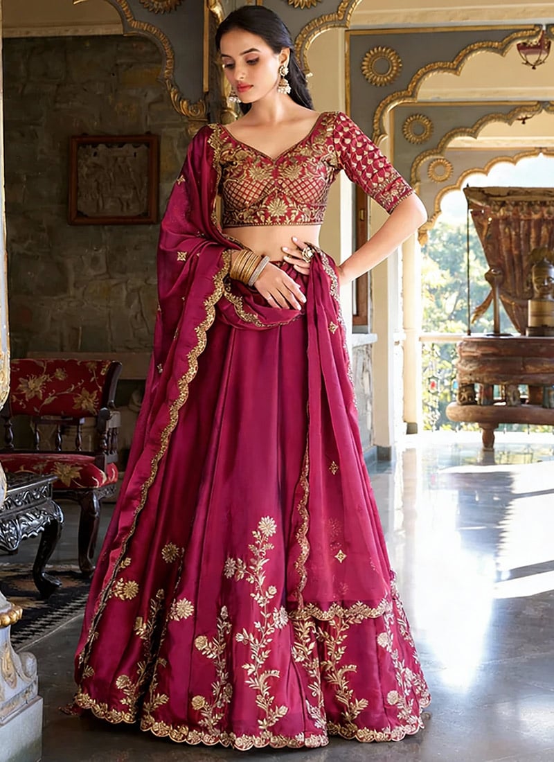 Radiant Rani Pink Silk Zari Embroidered Umbrella Lehenga Wedding Wear