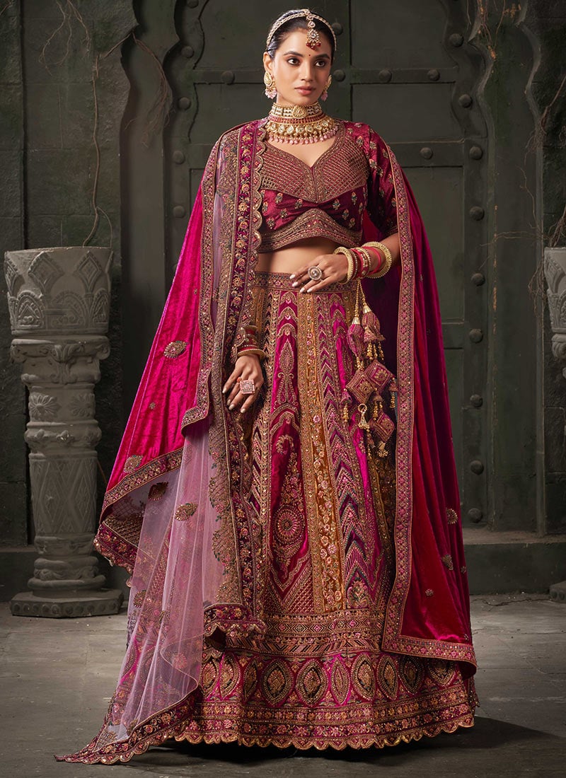 Radiant Rani Pink Velvet Zari Embellished Sequins Stone Work Lehenga