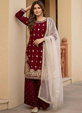Radiant Red Art Silk Embroidered Sequins Palazzo Suit