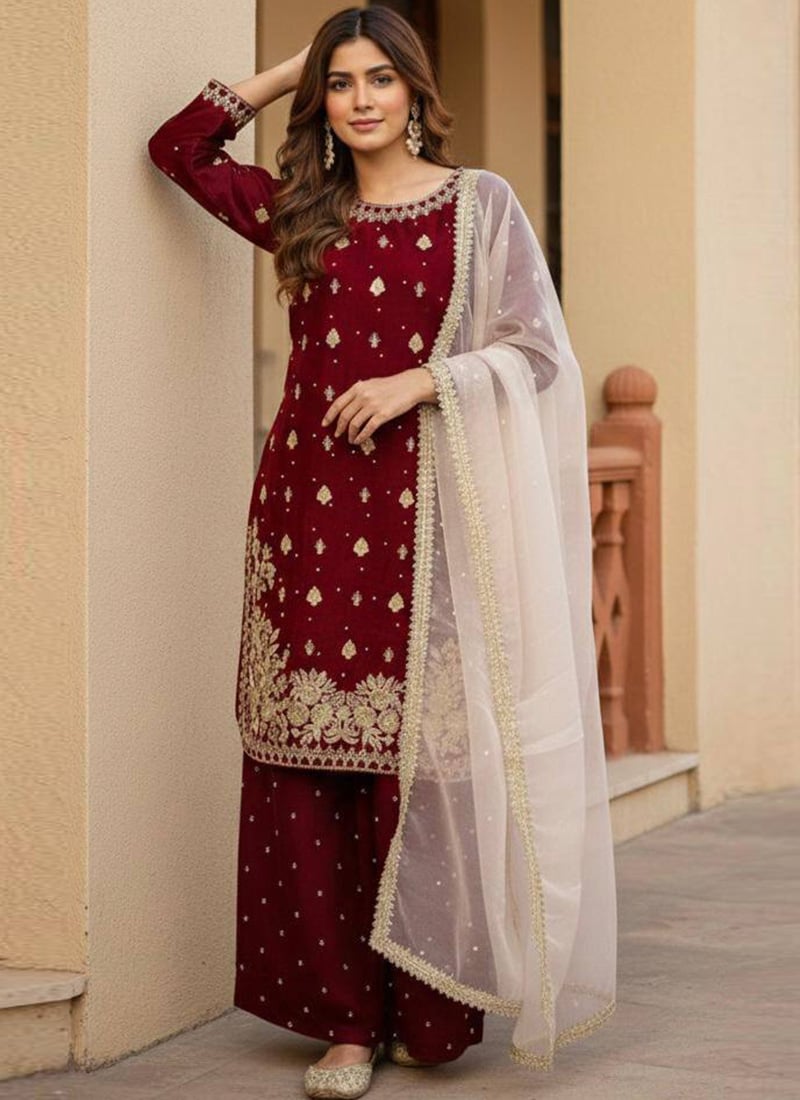 Radiant Red Art Silk Embroidered Sequins Palazzo Suit After Six Wear