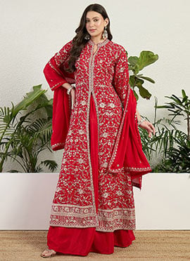 Radiant Red Chinon Embroidered Sequins Zari Palazzo Suit