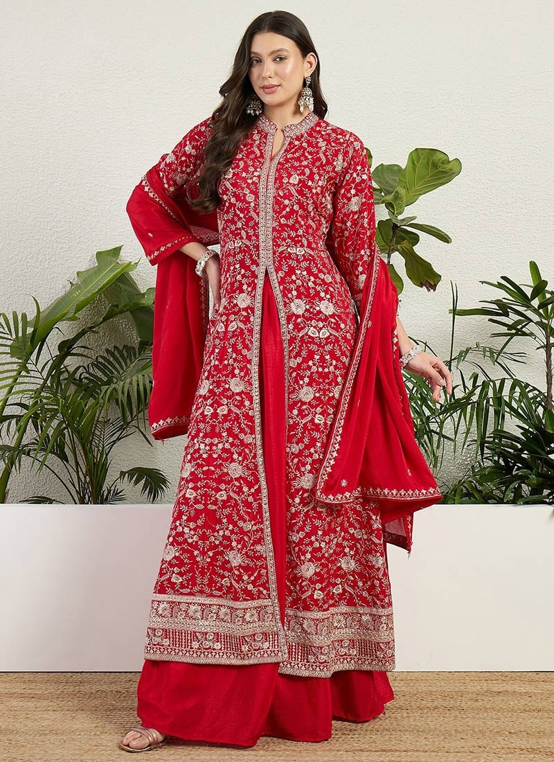 Radiant Red Chinon Embroidered Sequins Zari Palazzo Suit Festive Wear