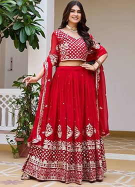 Radiant Red Georgette Embroidered Sequins Umbrella Lehenga