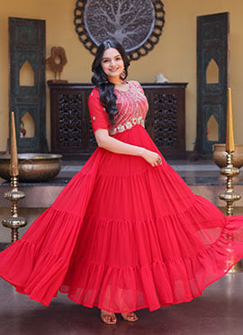Radiant Red Georgette Embroidered Sequins Zari Gown