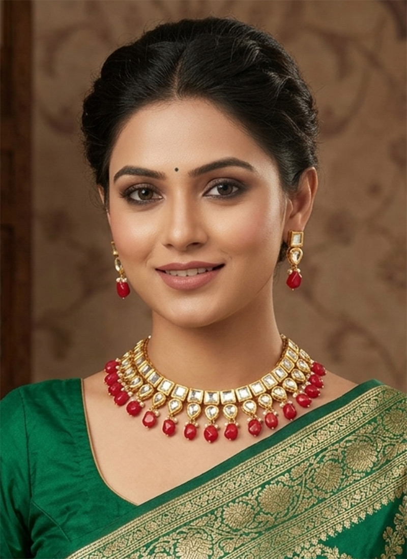 Radiant Red Kundan Pearl Choker Wedding Wear