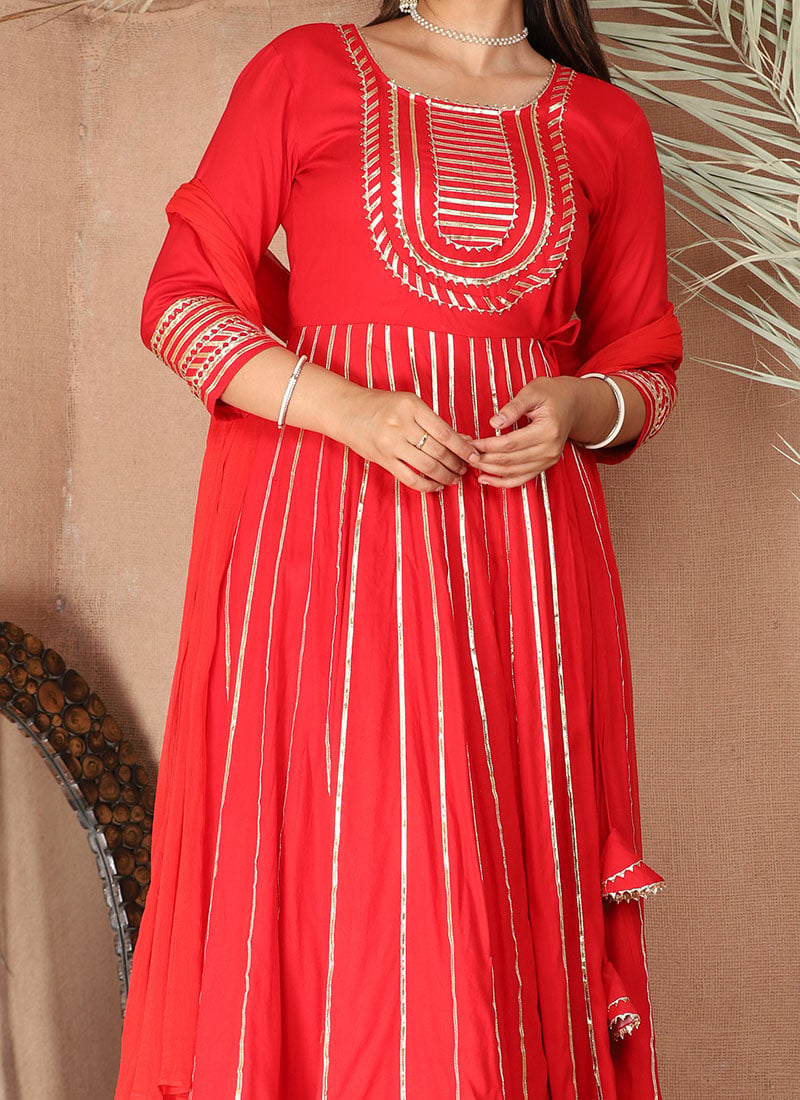 Hand Embroidery Red Anarkali Suit With Organza Dupatta