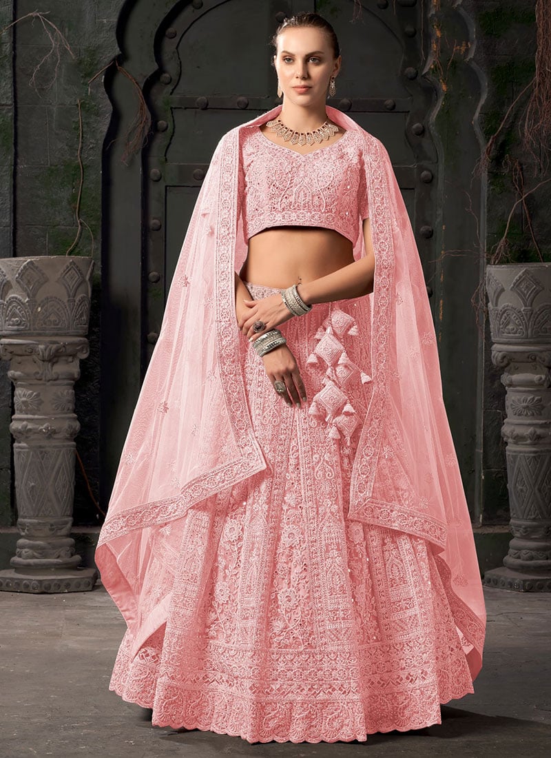 Radiant Romance In Pink Net Zari Zarkan Embroidered Sequins Lehenga Wedding Wear