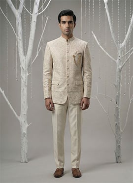 Radiant Rose Gold Silk Embroidered Thread Bandhgala Suit