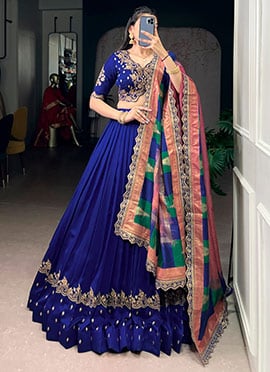 Radiant Royal Blue Vichitra Silk Sequins Embroidered Umbrella Lehenga