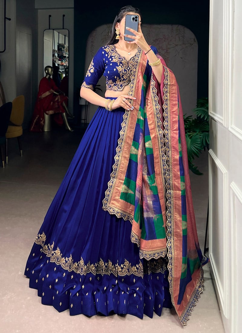 Radiant Royal Blue Vichitra Silk Sequins Embroidered Umbrella Lehenga Wedding Wear