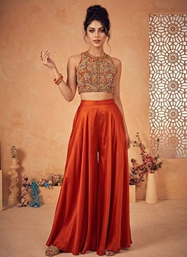 Radiant Rust Silk Beads Sequins Indowestern Set And Suit
