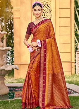 Radiant Rust Soft Silk Jacquard Woven Ikkat Print Saree
