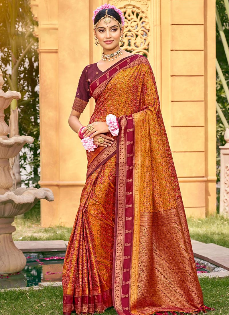 Radiant Rust Soft Silk Jacquard Woven Ikkat Print Saree Festive Wear