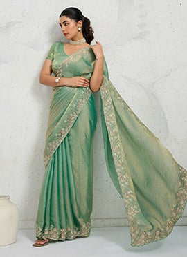 Radiant Sea Green Chiffon Velvet Zari Embroidered Sequins Thread Saree