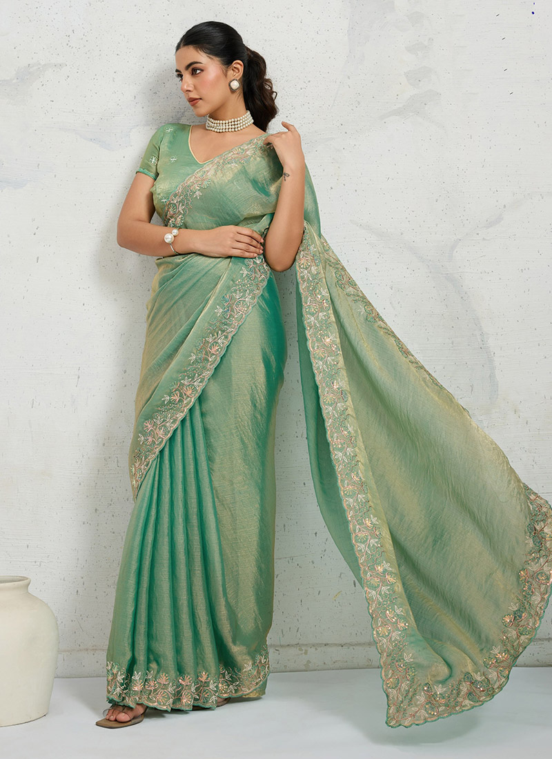 Radiant Sea Green Chiffon Velvet Zari Embroidered Sequins Thread Saree Festive Wear