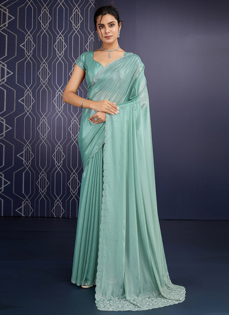 Radiant Sea Green Faux Georgette Hand Embroidered Tikki Work Saree After Six Wear