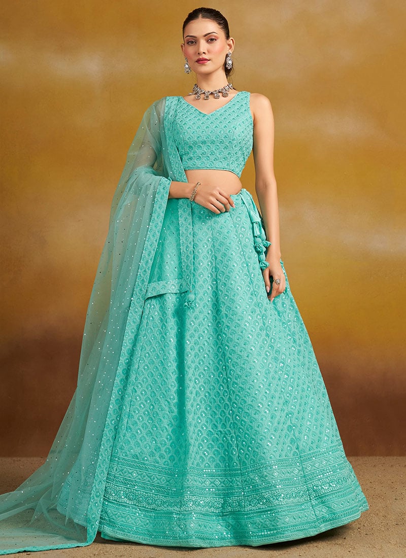 Radiant Sea Green Georgette Sequins Embroidered Thread Umbrella Lehenga Wedding Wear