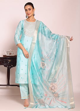 Radiant Sea Green Poly Silk Embroidered Straight Pant Suit
