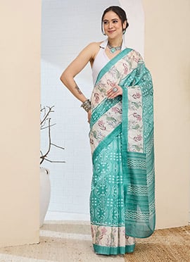 Radiant Sea Green Silk Blend Digital Print Saree