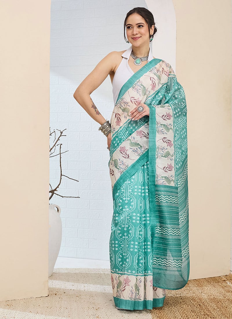 Radiant Sea Green Silk Blend Digital Print Saree After Six Wear