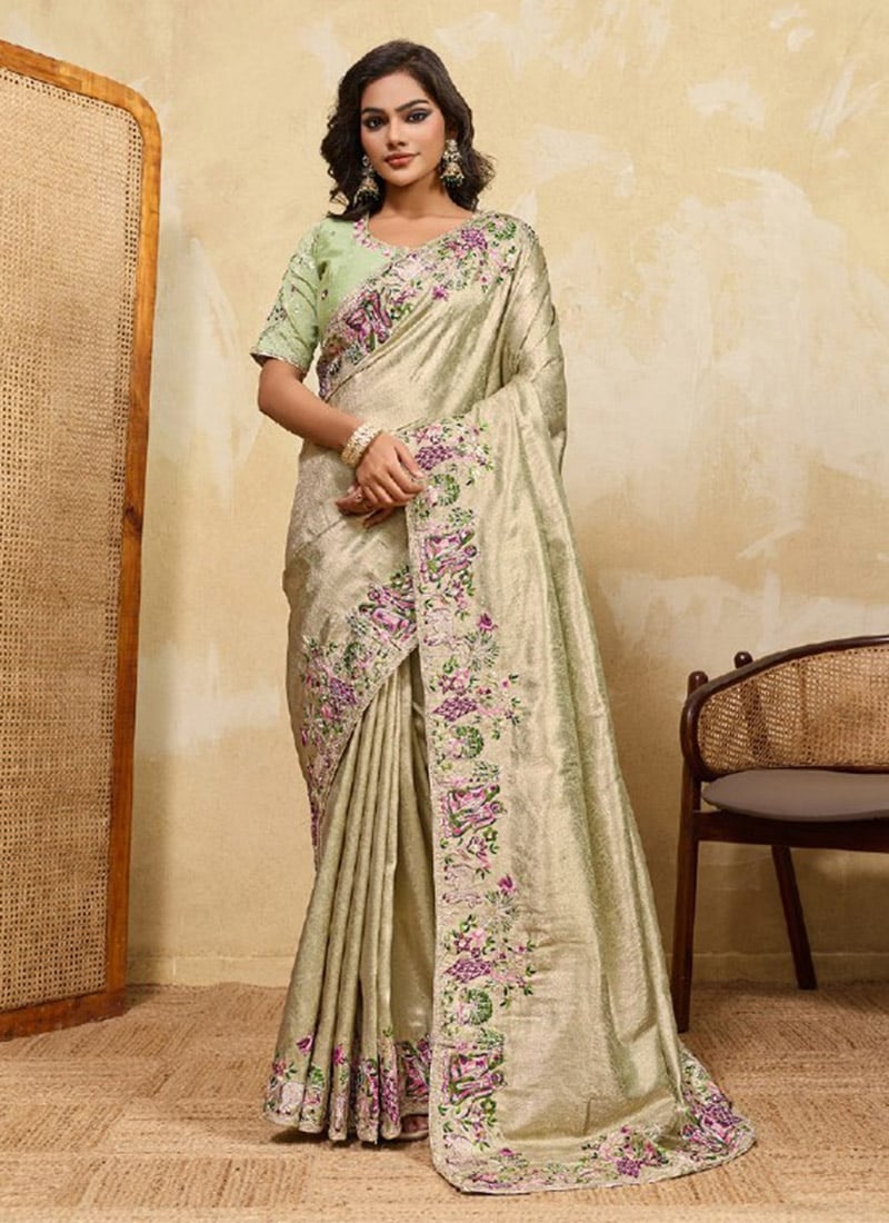 Radiant Sea Green Soft Kanjivaram Silk Beads Embroidered Zari Sequins Thread Saree Wedding Wear