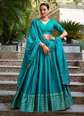 Radiant Sky Blue Chanderi Silk Zari Umbrella Lehenga