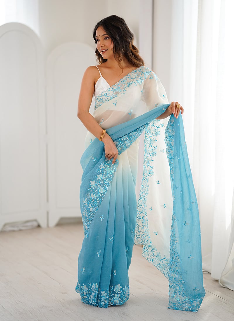 Radiant Sky Blue Crunchy Georgette Sequins Embroidered Thread Saree After Six Wear