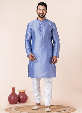 Radiant Sky Blue Dupion Silk Plain Kurta Pyjama