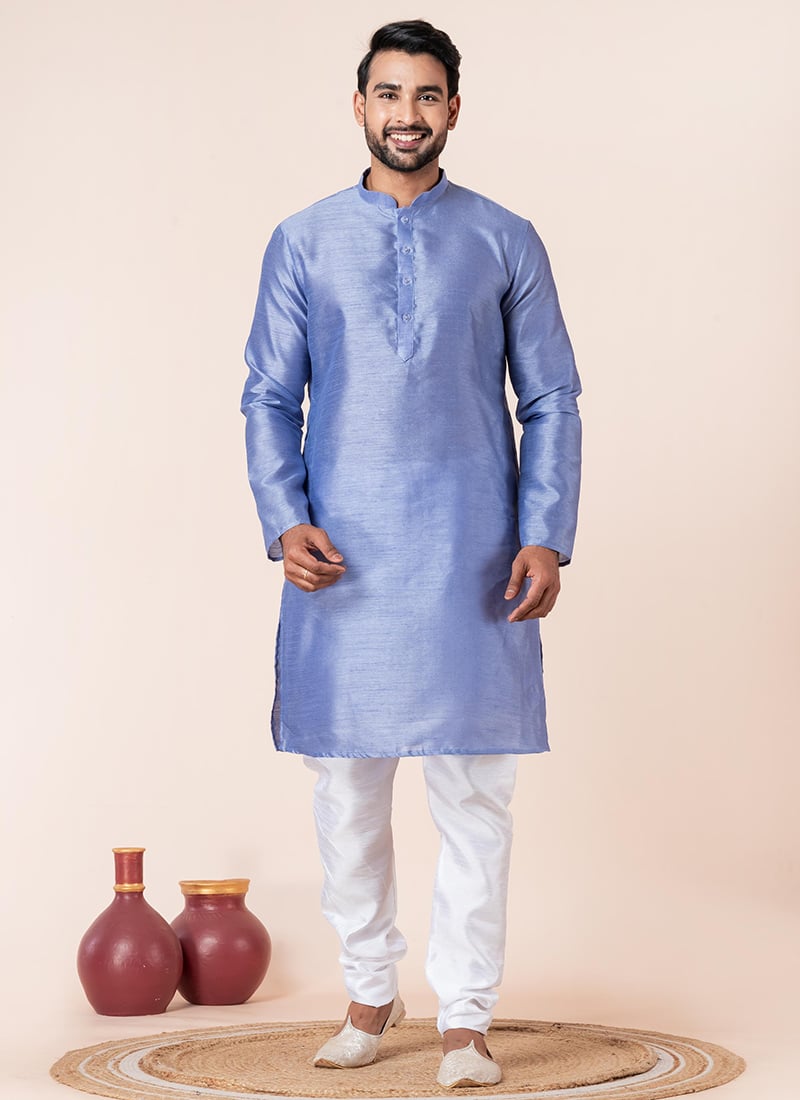 Radiant Sky Blue Dupion Silk Plain Kurta Pyjama Festive Wear
