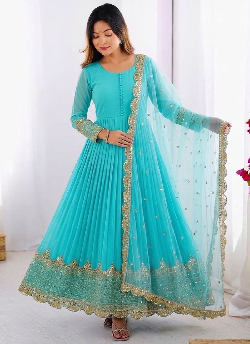 Radiant Sky Blue Faux Georgette Sequins Anarkali Suit Festive Wear