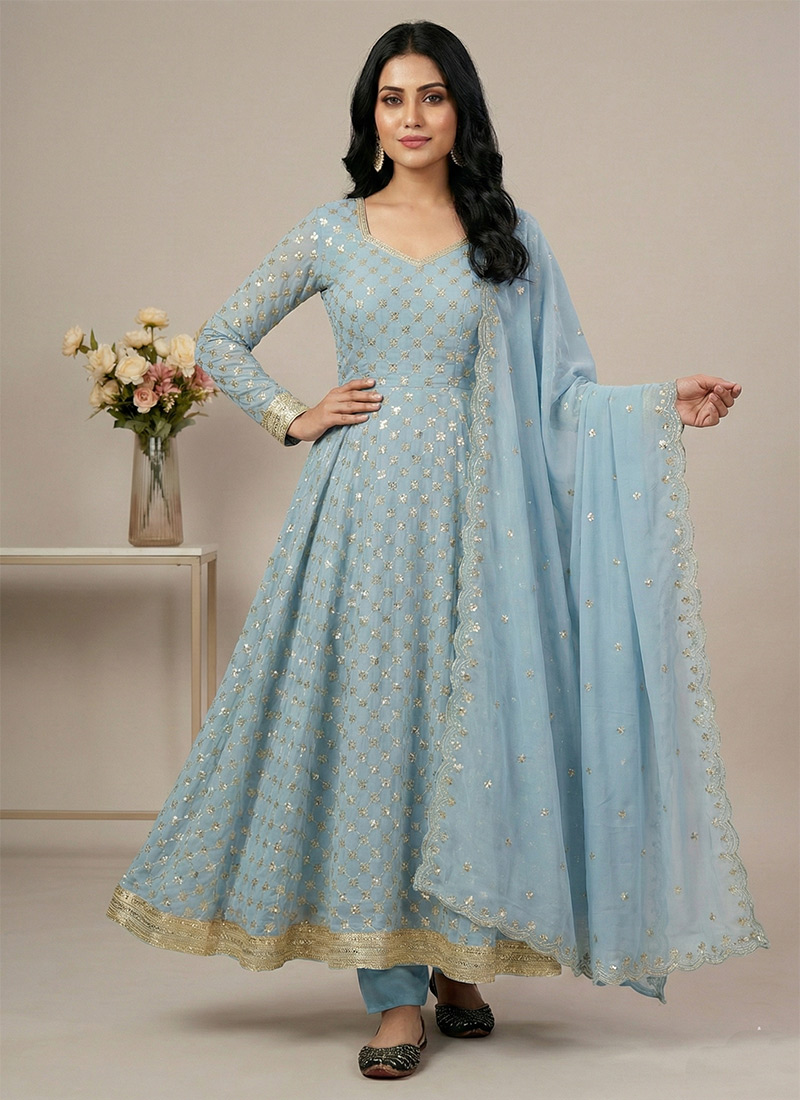 Radiant Sky Blue Georgette Embroidered Sequins Anarkali Suit Festive Wear