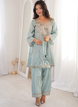 Radiant Sky Blue Silk Embroidered Mirror Work Kurta Straight Pant Set